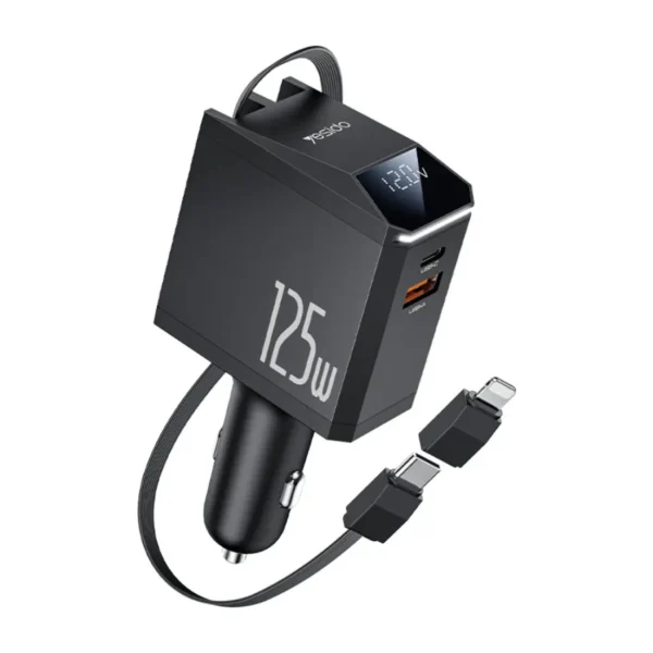 Cargador para carro con cable retráctil Yesido Y71 de 125W con pantalla de voltaje y adaptador Lightning