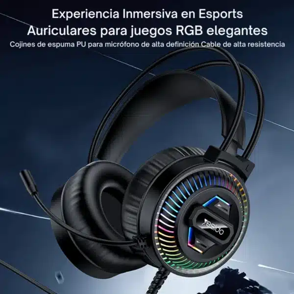 Luz RGB en las copas de los audífonos gamer con micrófono Yesido EK06