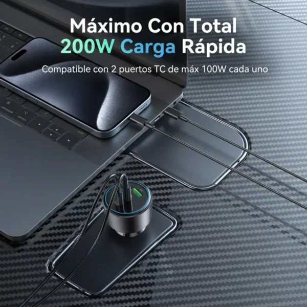 Cargador para carro Yesido Y59 cargando una laptop y un celular al mismo tiempo con 200W