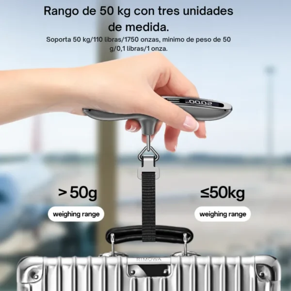 Balanza digital para maletas Yesido MG41 pesando una maleta, rango de 50 g a 50 kg