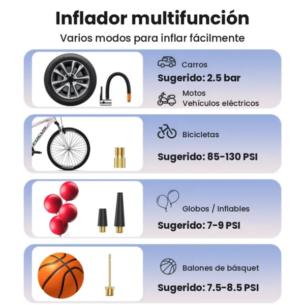 Arrancador de batería para carro Yesido VC13 - inflador multifunción Modos del inflador Yesido VC13 para carros, motos, bicicletas, globos y balones con sus boquillas