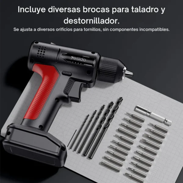 Taladro inalámbrico Yesido EC36 brocas y puntas Taladro inalámbrico recargable Yesido EC36 con 6 brocas, 20 puntas de destornillador y barra de extensión