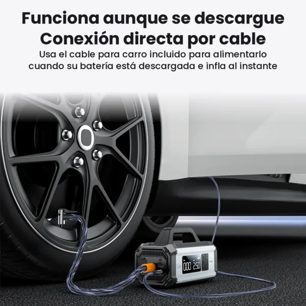 Arrancador de batería para carro Yesido VC13 - conexión directa por cable Arrancador Yesido VC13 inflando una llanta conectado al encendedor del carro con su cable