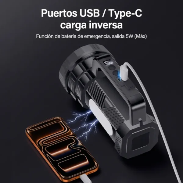 Linterna de mano recargable Yesido TC12 cargando un celular como power bank por USB