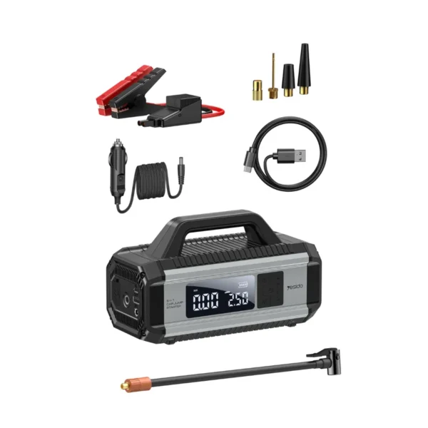 Arrancador de batería para carro Yesido VC13 - accesorios incluidos Accesorios del arrancador de batería Yesido VC13: pinzas, manguera, cable para carro, cable USB y boquillas
