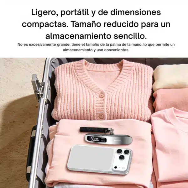 Balanza digital para maletas Yesido MG41 compacta junto a un celular dentro de una maleta