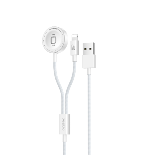 Cable para iPhone y Apple Watch 2 en 1 Yesido DS35 blanco, con cargador magnético para reloj, conector Lightning y USB-A