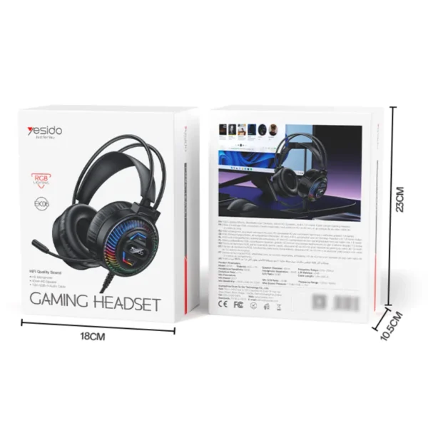 Empaque original de los audífonos gamer con micrófono Yesido EK06 Gaming Headset, frente y reverso