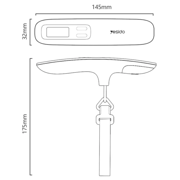 Dimensiones de la balanza digital para maletas Yesido MG41: 14.5 x 3.2 cm y 17.5 cm de alto con correa