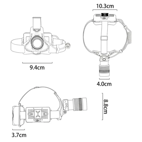 Dimensiones de la linterna de cabeza recargable Yesido TC13: cabezal de 9.4 x 8.8 cm y batería de 10.3 x 3.7 cm