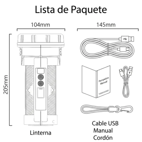 Contenido y medidas de la linterna de mano recargable Yesido TC12: linterna, cable USB, cordón y manual