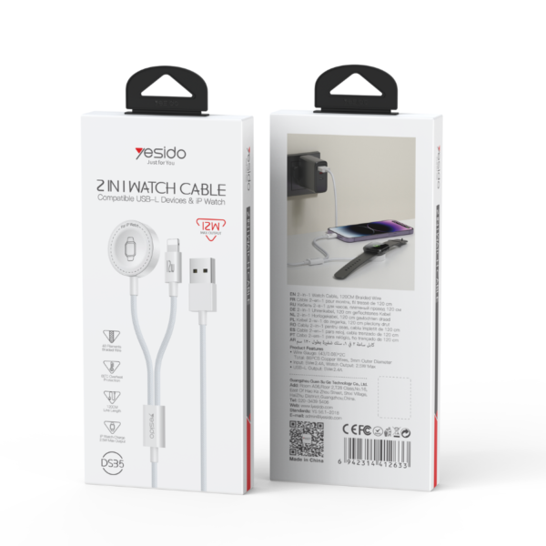 Empaque original del cable para iPhone y Apple Watch Yesido DS35 2 en 1, frente y reverso