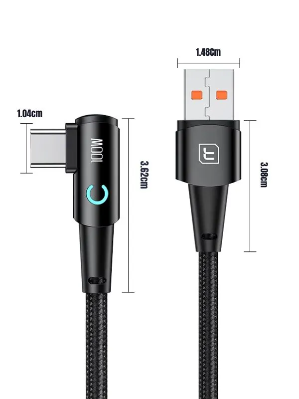 Cable de Carga Rápida Tipo C Toocki 100W – Ideal para Juegos, 1M, Ángulo 90°