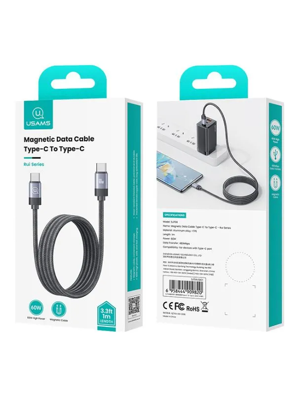 Cable Magnético Tipo C a Tipo C 60W Usams – Carga Rápida y Transferencia de Datos 480Mbps, 1 Metro, Antienredos