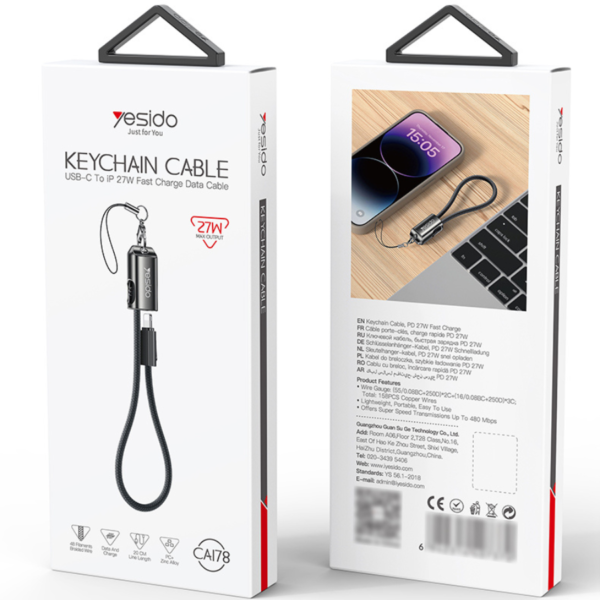 Empaque Yesido CA178 Keychain Cable Empaque original del cable llavero Yesido CA178 Keychain Cable USB-C a Lightning, frente y reverso