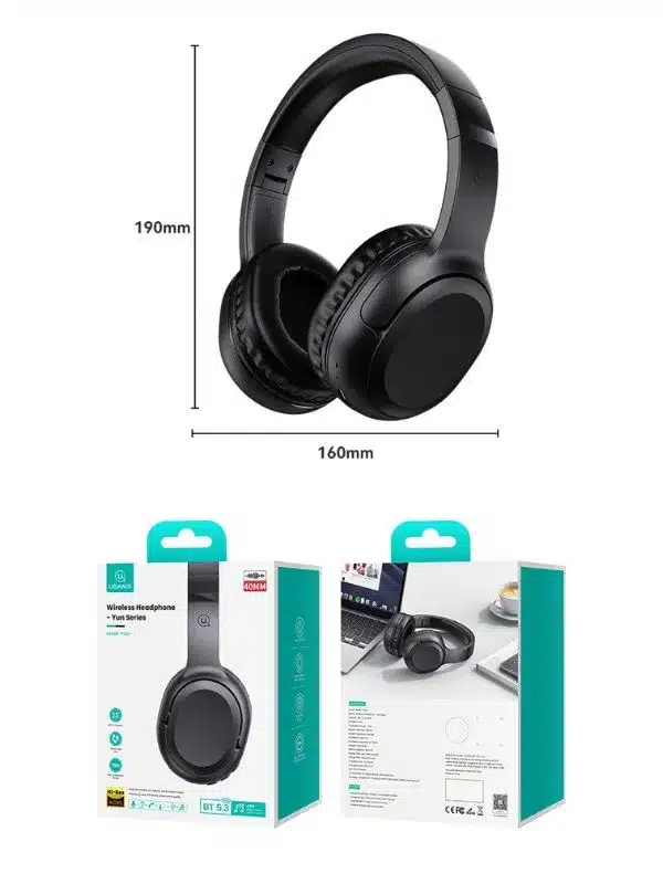 Audifonos diadema YG23 Usams muetra las medidas del producto y el empaque