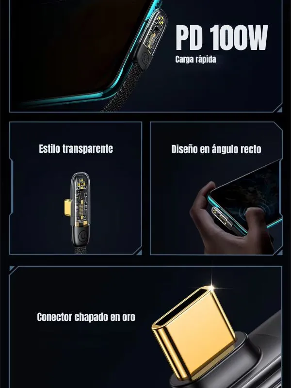 Cable de Carga Rápida Tipo C a C 100W PD con Conector en L – USAMS 1.2m / 2m