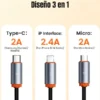 Cable 3 en 1 Toocki Carga Rápida 3.5A USB Tipo C / Micro USB / Lightning 1m Reforzado