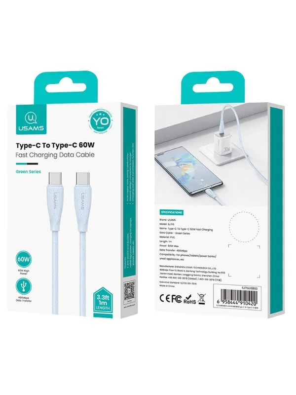 🔹 Cable de Carga Rápida Tipo C a C 60W Usams 1m – Transferencia de Datos y Carga para Laptop, Tablet y Celular