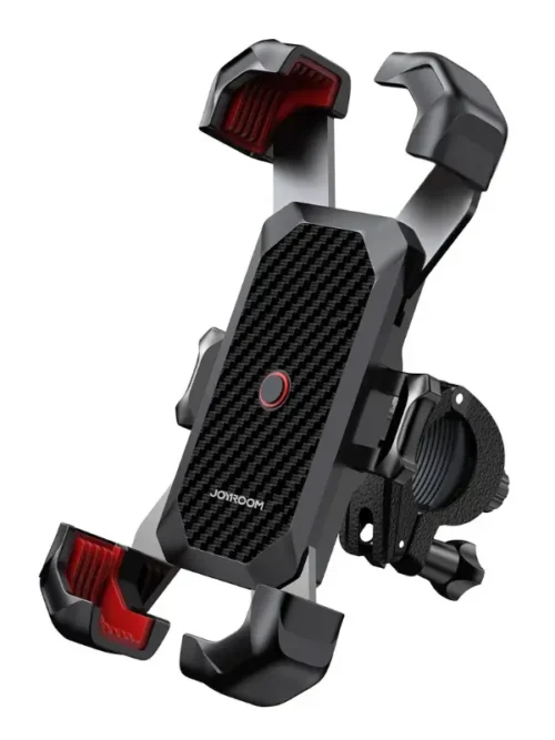 Soporte ajustable para teléfono negro y rojo con superficie texturizada, diseñado para montarse en el manillar de una bicicleta o motocicleta. Cuenta con agarres acolchados y una abrazadera segura para mayor estabilidad. Soporte ajustable para teléfono negro y rojo con superficie texturizada, diseñado para montarse en el manillar de una bicicleta o motocicleta. Cuenta con agarres acolchados y una abrazadera segura para mayor estabilidad.