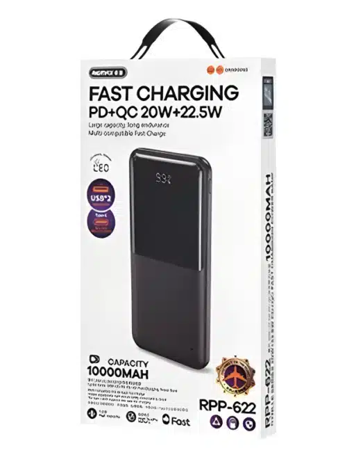 Empaque del power bank 10000mAh Remax RPP-622 con carga rápida PD+QC
