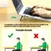 muestra una persona trabajando y mostrando laptop con so´porte plegable marca USAMS y una figura con mala postura y otra figura con una buna postura al trabajar con laptop