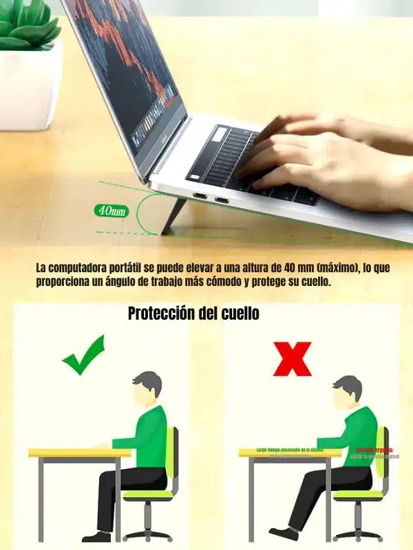 muestra una persona trabajando y mostrando laptop con so´porte plegable marca USAMS y una figura con mala postura y otra figura con una buna postura al trabajar con laptop