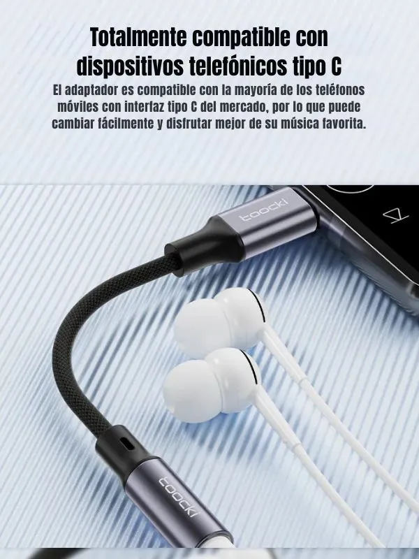 Adaptador audífonos 3.5mm a USB Tipo C de 12mm Toocki  – Sonido Hi-Fi, Cable Trenzado, Compatible con Todos los Dispositivos USB-C