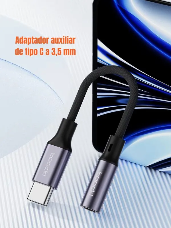 Adaptador audífonos 3.5mm a USB Tipo C de 12mm Toocki  – Sonido Hi-Fi, Cable Trenzado, Compatible con Todos los Dispositivos USB-C