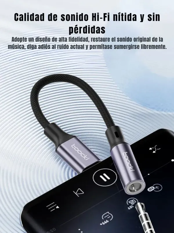 Adaptador audífonos 3.5mm a USB Tipo C de 12mm Toocki  – Sonido Hi-Fi, Cable Trenzado, Compatible con Todos los Dispositivos USB-C