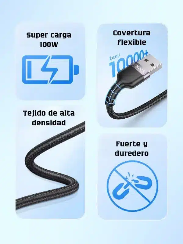 🔌 Cable Carga Rápida Toocki 3 en1 – Versatilidad todo en un Solo Cable