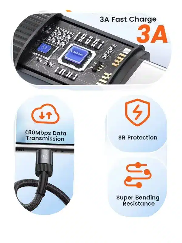 🔌 Cable de Carga rápida Toocki USB-A a Tipo-C –  rápido y confiable