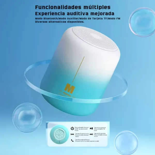 Modos Bluetooth, auxiliar, tarjeta TF y radio FM del parlante Remax Aircity con sus botones de control