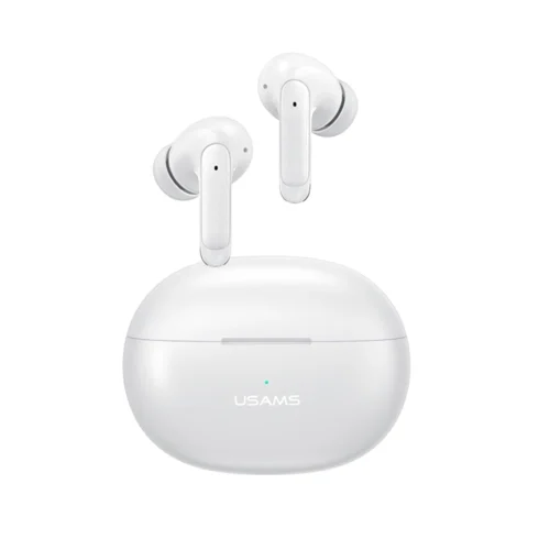 Audífonos Bluetooth con micrófono doble ENC Usams XD19 color blanco con estuche de carga