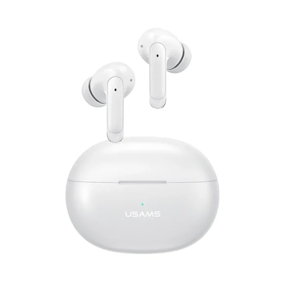 Audífonos Bluetooth con micrófono doble ENC Usams XD19 color blanco con estuche de carga
