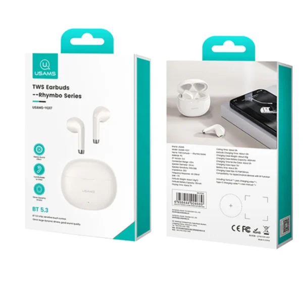 Empaque de los audífonos Usams YO17 Caja original de los audífonos Bluetooth TWS Usams YO17 serie Rhymbo con especificaciones