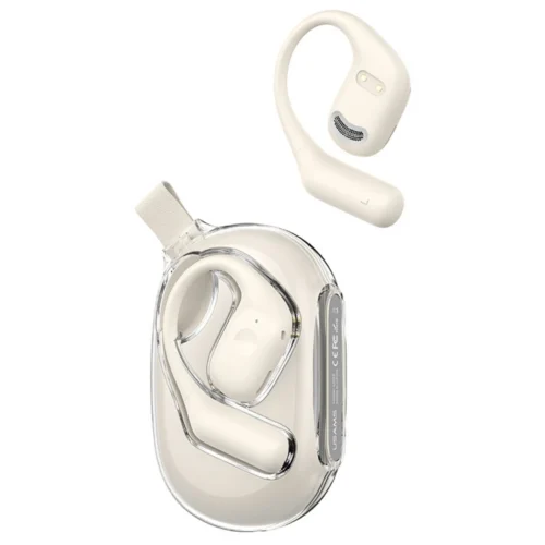 Audífonos con gancho Bluetooth Usams UG26 blancos de oreja abierta con estuche de carga transparente