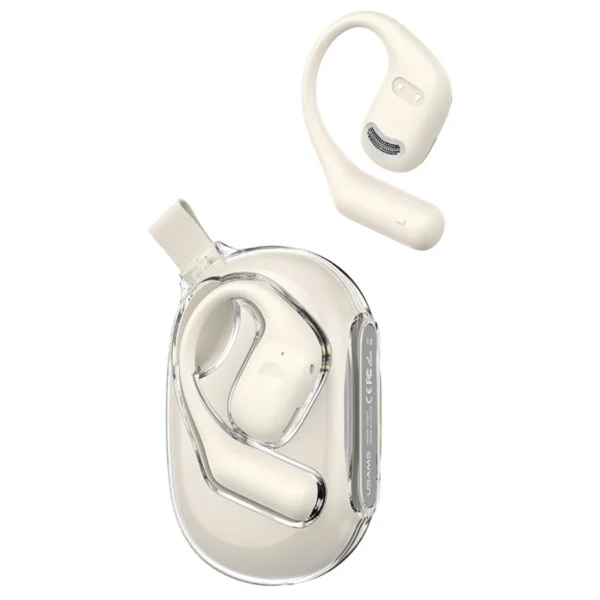 Audífonos con gancho Bluetooth Usams UG26 blancos de oreja abierta con estuche de carga transparente