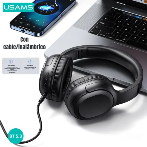 Audífonos de diadema Usams YG23 con cable o inalámbricos Audífonos de diadema Usams YG23 se usan inalámbricos por Bluetooth o con cable de audio 3.5 mm
