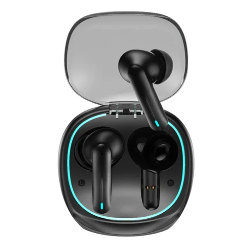 Audífonos gamer Bluetooth Usams XJ13 negros en su estuche translúcido con luz gamer