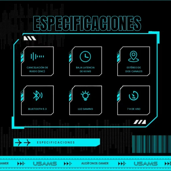 Especificaciones de los audífonos gamer Bluetooth Usams XJ13: ENC, 60 ms, estéreo, Bluetooth 5.3, luz gaming y 7 h de uso