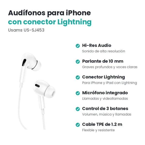 Audífonos para iPhone Lightning Usams SJ453 con Hi-Res Audio, parlante de 10 mm, micrófono, control de 3 botones y cable de 1.2 m