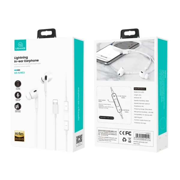 Caja original de los audífonos para iPhone Lightning Usams US-SJ453 con certificación Hi-Res Audio