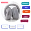 Audífonos de peluche grises en una ficha con características de uso inalámbrico, diseño plegable, carga y autonomía.