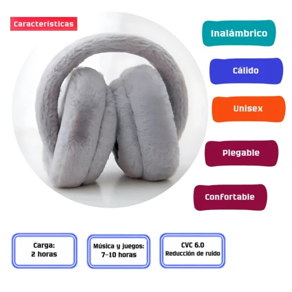 Audífonos de peluche grises en una ficha con características de uso inalámbrico, diseño plegable, carga y autonomía.