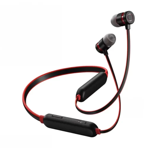 Audífonos Bluetooth de cuello Remax RX-S100 vista del producto Audífonos Bluetooth de cuello Remax RX-S100 negro con rojo y auriculares in-ear