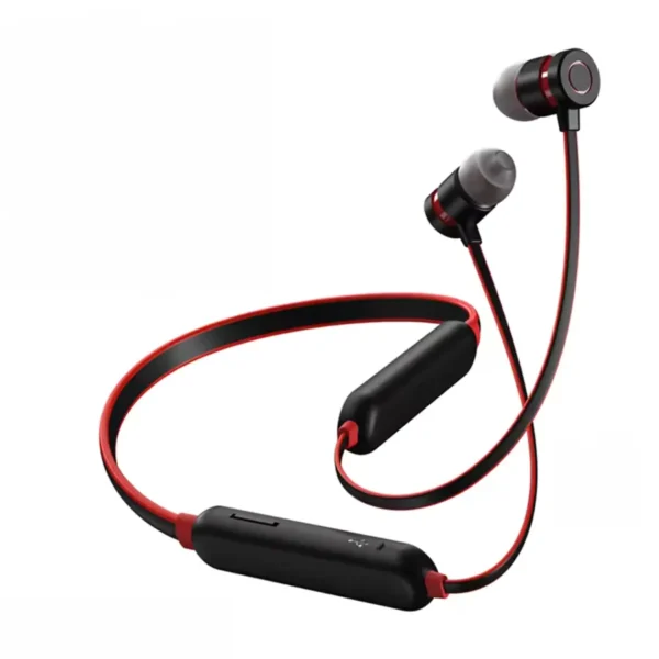 Audífonos Bluetooth de cuello Remax RX-S100 vista del producto Audífonos Bluetooth de cuello Remax RX-S100 negro con rojo y auriculares in-ear