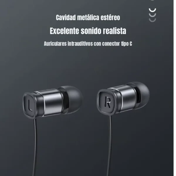 Cavidad metálica de los audífonos tipo C Usams SJ576 Audífonos tipo C Usams SJ576 con cavidad metálica y sonido estéreo