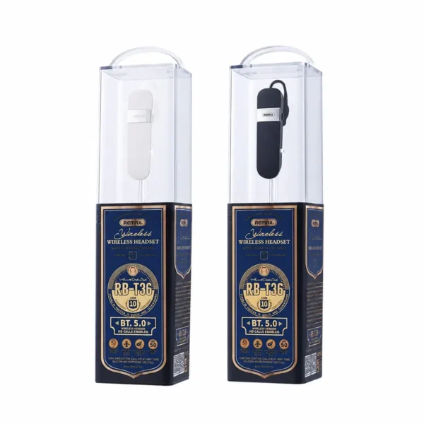Empaques originales del manos libres Bluetooth Remax RB-T36 blanco y negro con Bluetooth 5.0