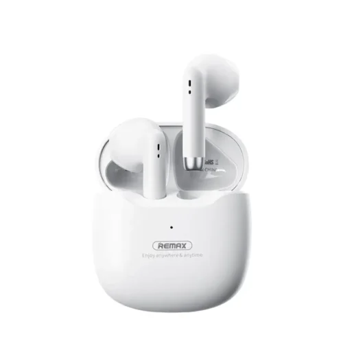 Audífonos inalámbricos pequeños Remax TWS-19 Marshmallow color blanco con estuche de carga abierto
